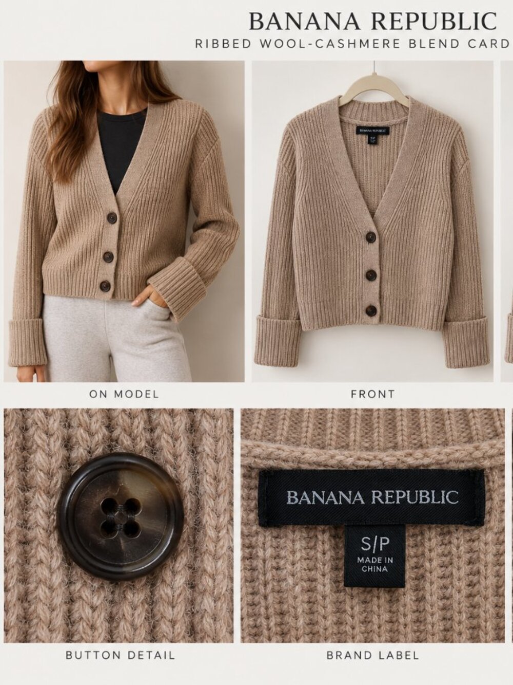 Banana Republic Beige Merino Wool Cashmere Ribbed Cardigan S